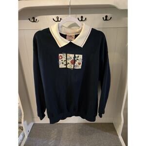 Top Stitch Navy Blue embroidered Cottage/grandma Core Sweatshirt With Collar 2X